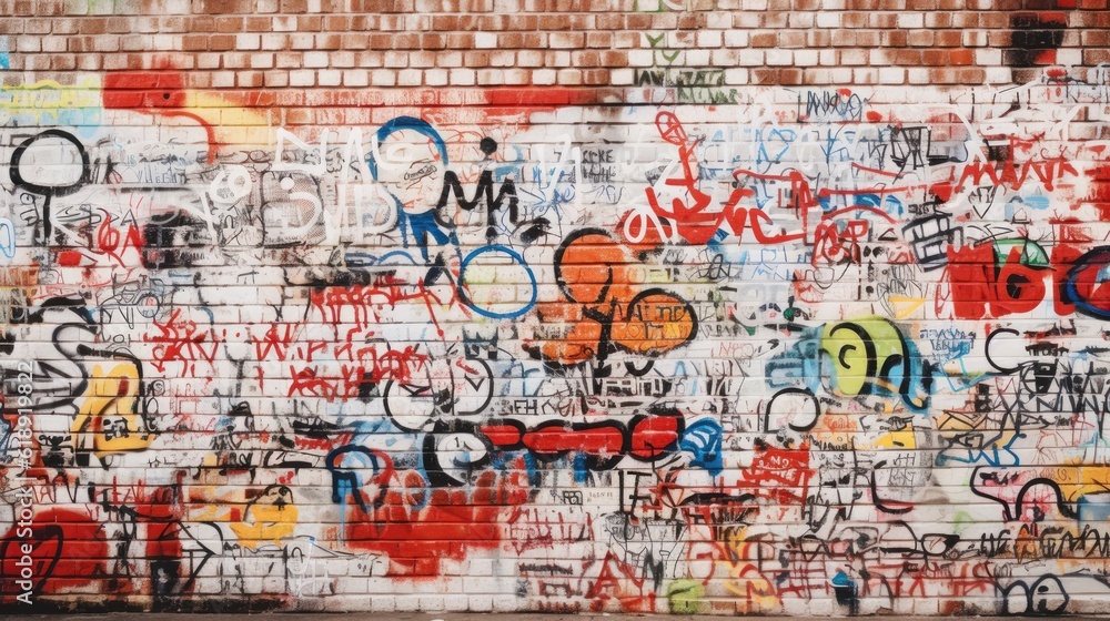 brick wall graffitied with drawings graffiti on the wall 
