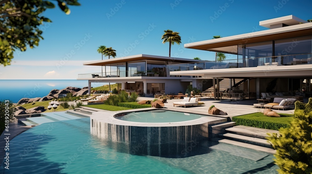 Fototapeta premium Elegantly Composed Home luxury villa with large swimming pool, Luxury modern estate property on hill with stunning sea view, Summer vacation, tourism, generative ai.