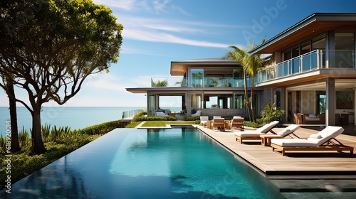 Elegantly Composed Home luxury villa with large swimming pool, Luxury modern estate property on hill with stunning sea view, Summer vacation, tourism, generative ai. © Jim1786