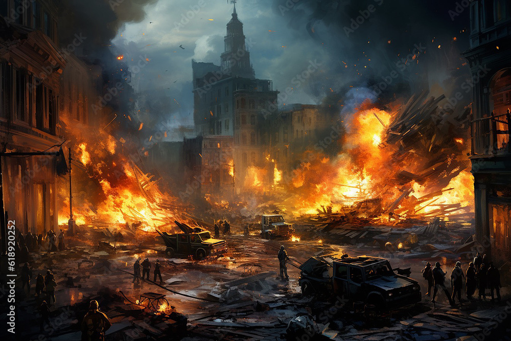 Obraz premium Modern City Center: From Civil War to Disaster and Fire