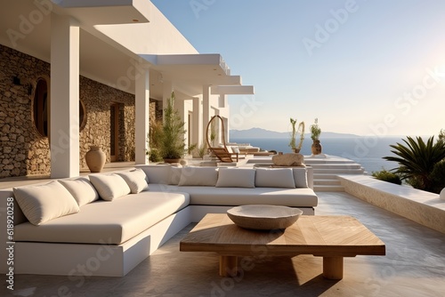 Inviting Retreat, Contemporary Residence luxury villa with large swimming pool, Luxury modern estate property on hill with stunning sea view, Summer vacation, tourism, generative ai. © Jim1786