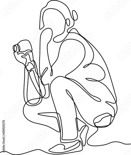 continuous line art vector illustration of woman holding camera