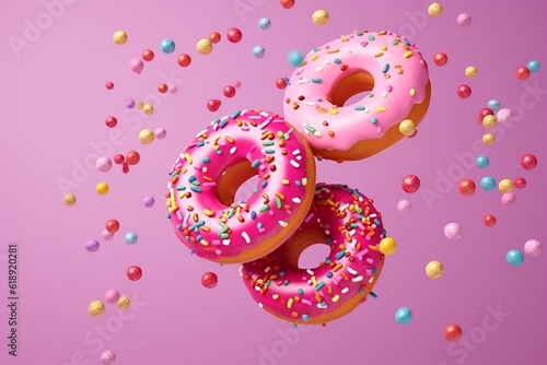 Flying Frosted Sprinkled Donuts: Set of Multicolored Doughnuts with Sprinkles Isolated on Pink Background