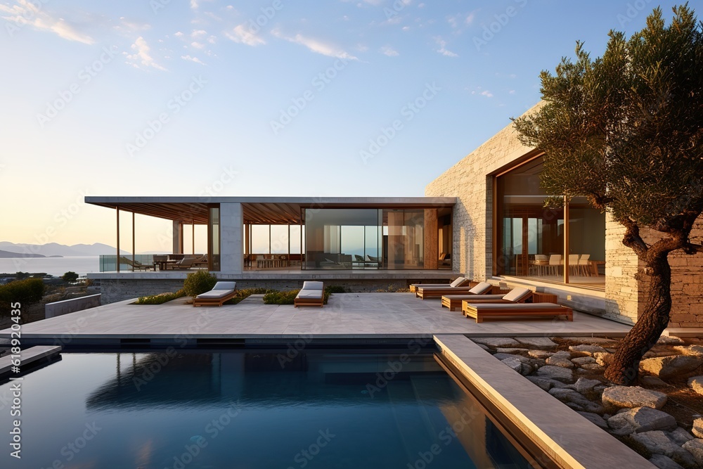 Fototapeta premium Inviting Retreat, Contemporary Residence luxury villa with large swimming pool, Luxury modern estate property on hill with stunning sea view, Summer vacation, tourism, generative ai.