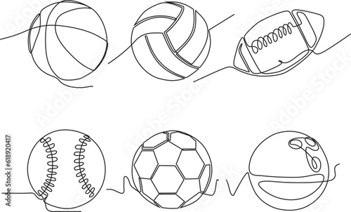 continuous line art vector illustration set of sport balls