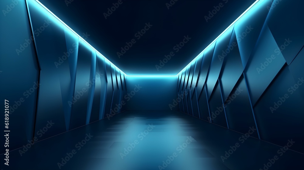 Empty geometrical Room in Blue Colors with beautiful Lighting. Futuristic Background for Product Presentation.