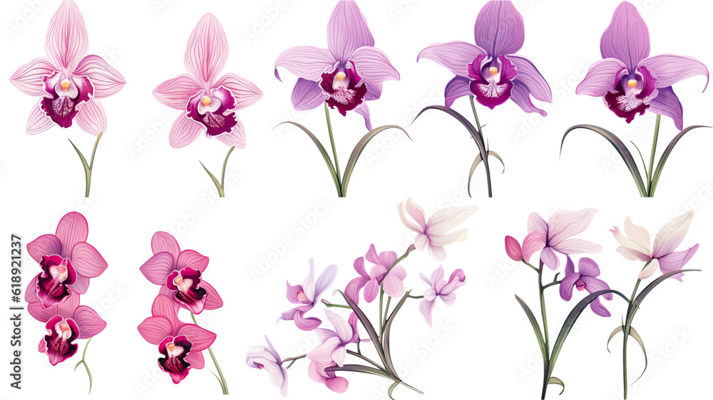 a collection of hand drawn orchids flowers isolated on a transparent background, generative ai a collection of hand drawn orchids flowers isolated on a transparent background, generative ai
