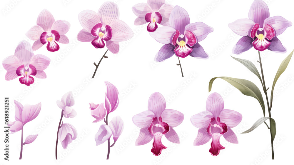a collection of hand drawn orchids flowers isolated on a transparent background, generative ai