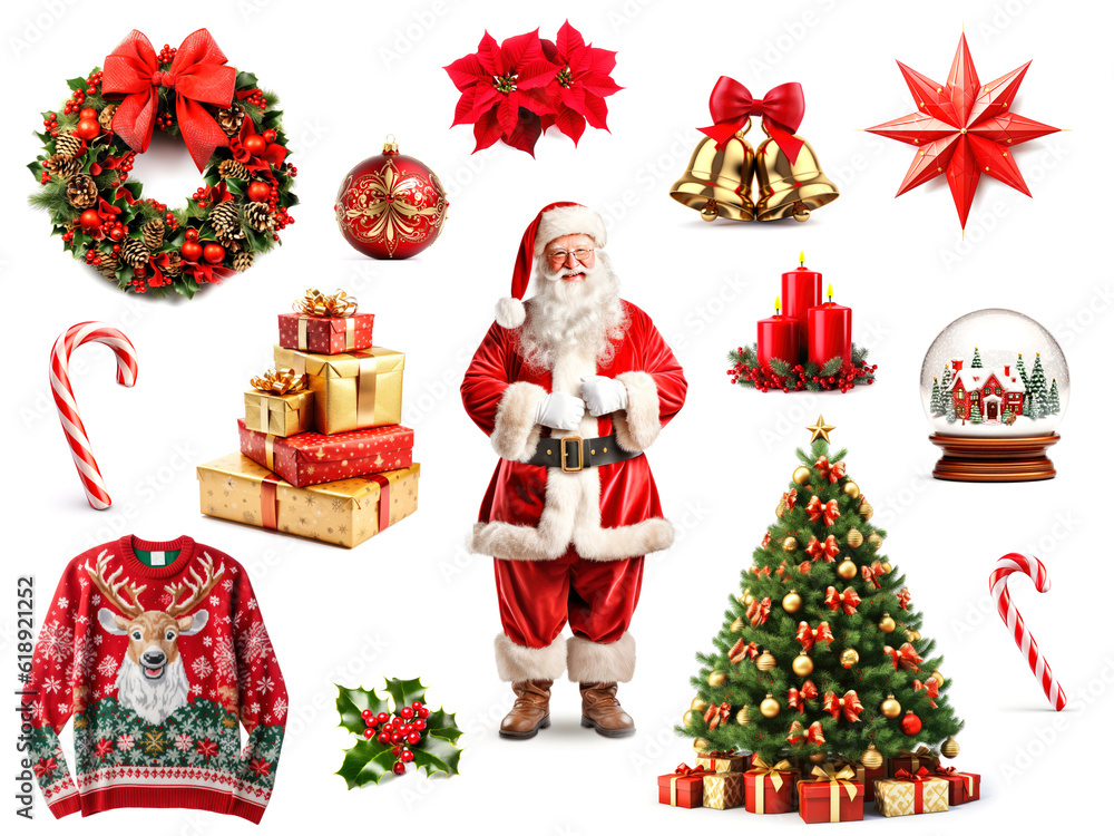 Collage with christmas symbols isolated on white background. Xmas celebration concept Collage with christmas symbols isolated on white background. Xmas celebration concept