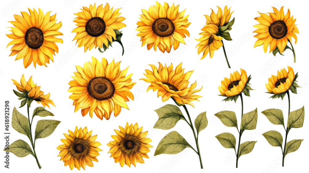 Obraz premium a collection of hand drawn sunflowers flowers isolated on a transparent background, generative ai