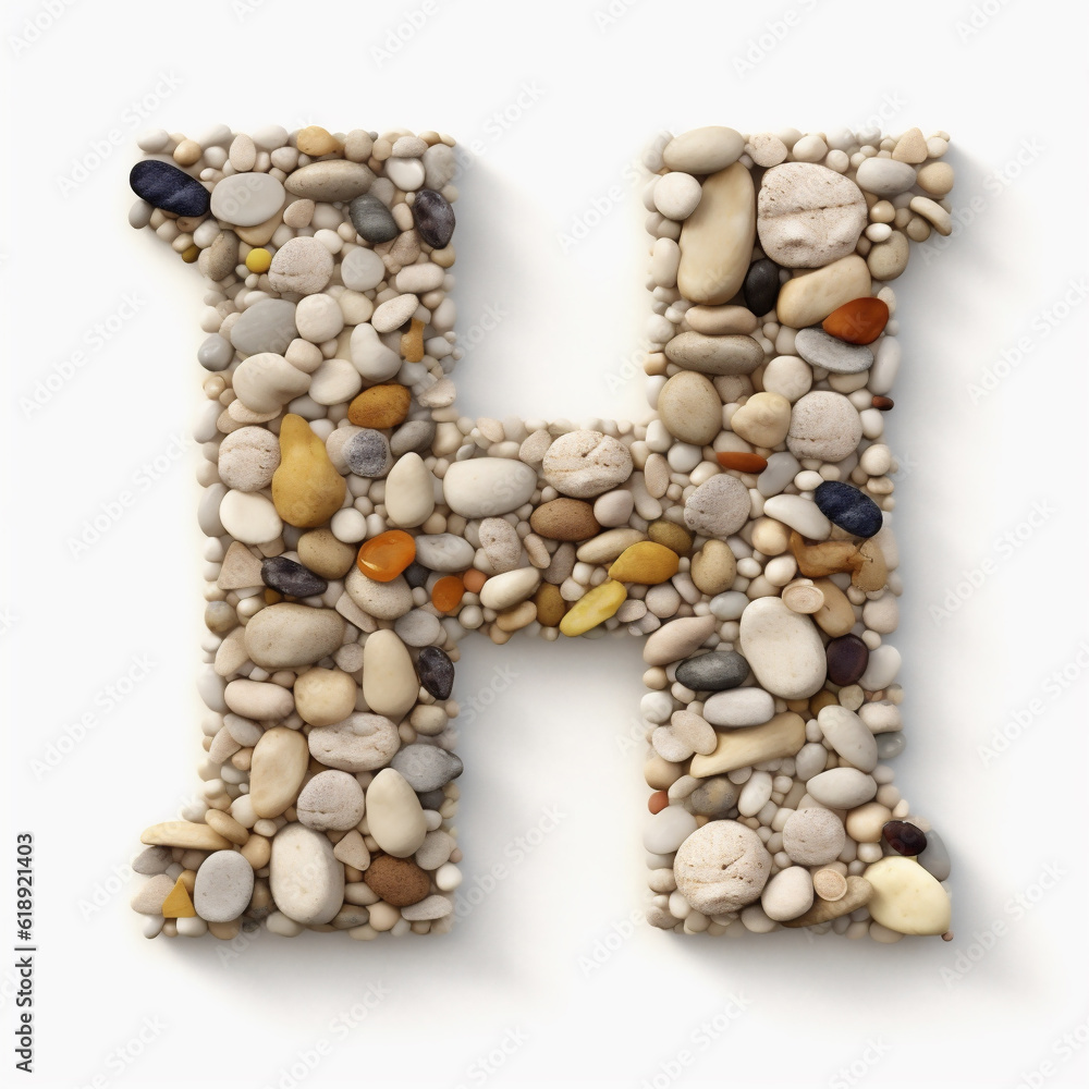 Letter H in the Roman alphabet made of stones on white background. Generative ai. Letter H in the Roman alphabet made of stones on white background. Generative ai.