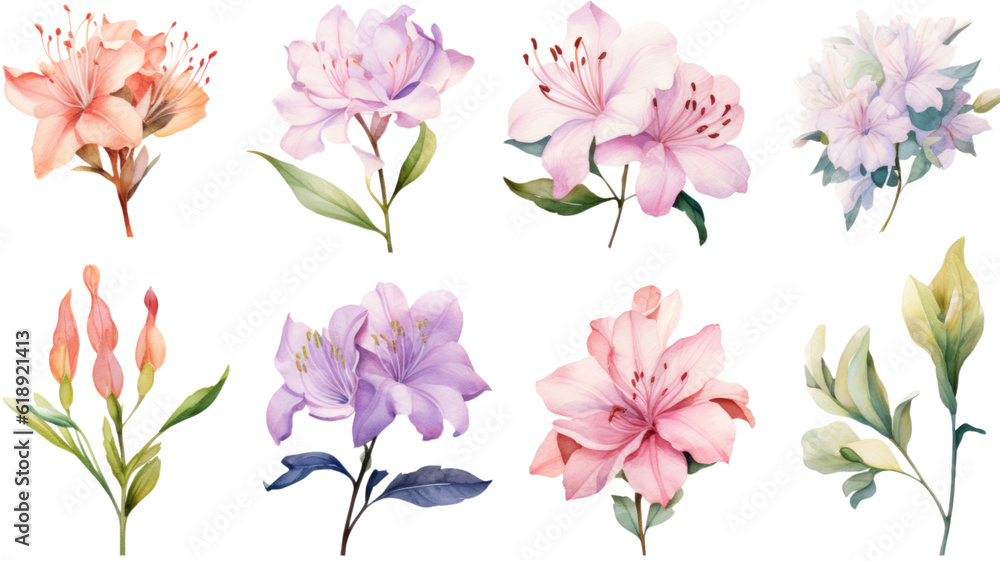 a collection of soft watercolor azaleas flowers isolated on a transparent background, generative ai