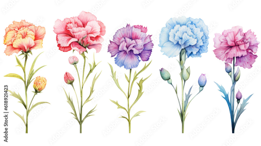 Naklejka premium a collection of soft watercolor carnations flowers isolated on a transparent background, generative ai