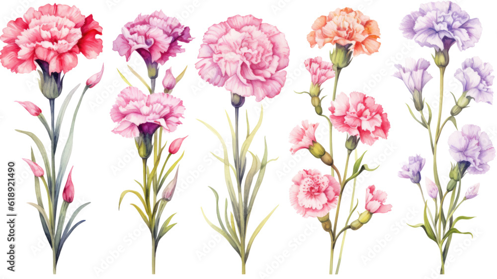 a collection of soft watercolor carnations flowers isolated on a transparent background, generative ai
