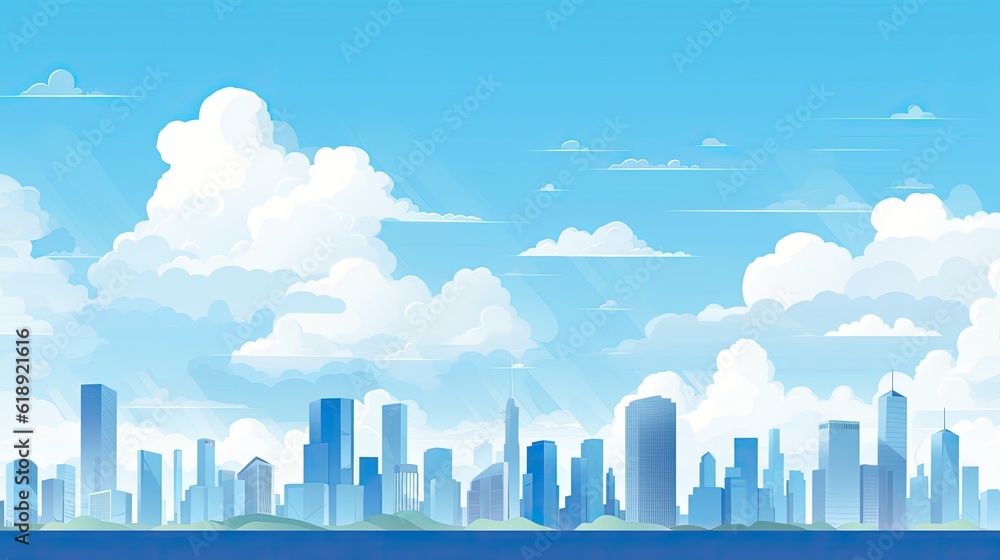 Flat cityscape with blue sky white clouds and sun city in the sky