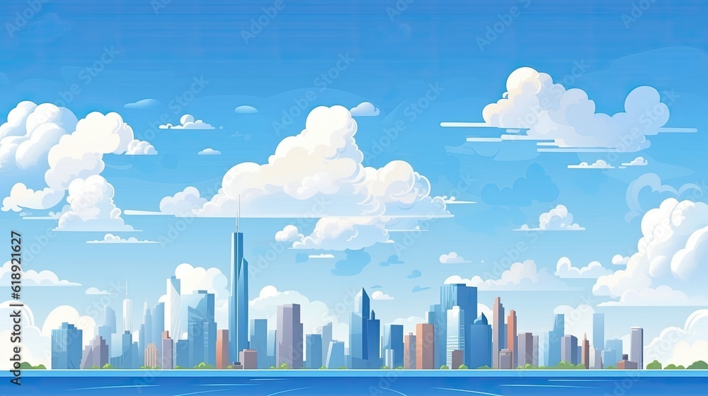 Flat cityscape with blue sky white clouds and sun city in the sky