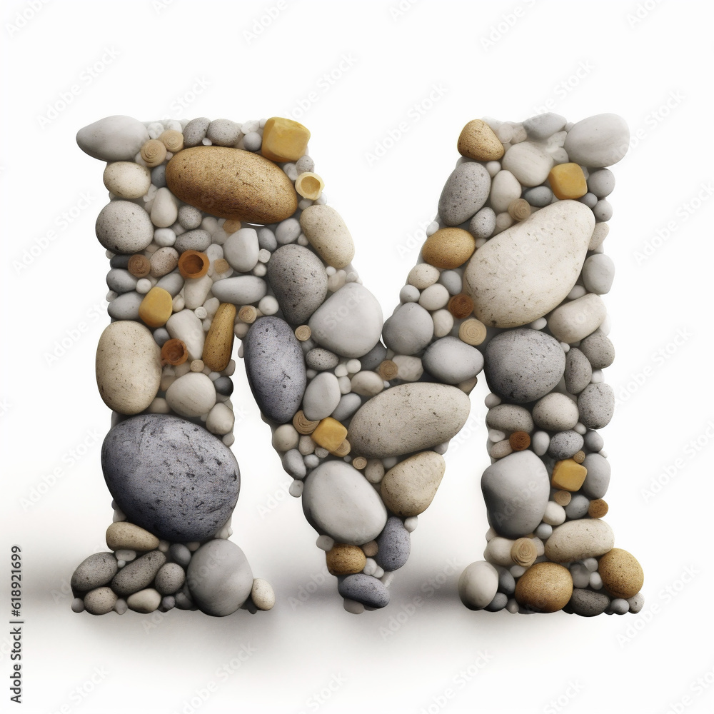 Letter M in the Roman alphabet made of stones on white background. Generative ai. Letter M in the Roman alphabet made of stones on white background. Generative ai.