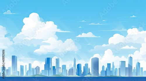 Flat cityscape with blue sky white clouds and sun city in the sky © Stream Skins