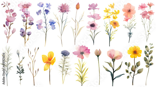 a collection of soft watercolor wildflowers flowers isolated on a transparent background, generative ai