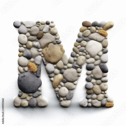 Letter M in the Roman alphabet made of stones on white background. Generative ai.