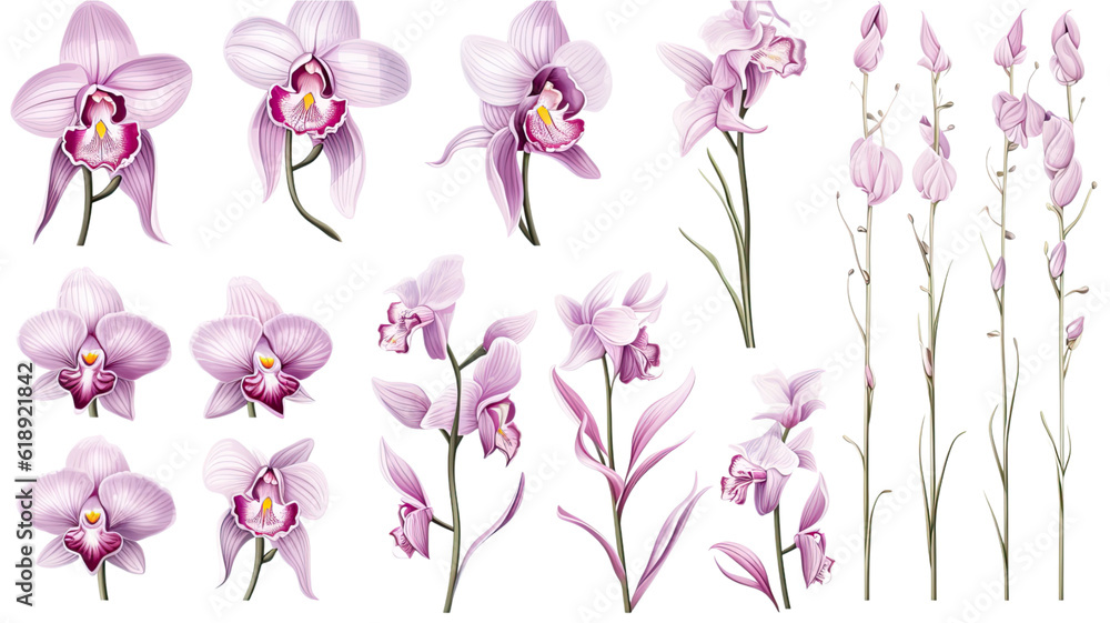 collection of hand drawn orchids flowers isolated on a transparent background, generative ai