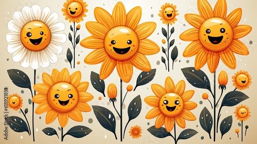 groovy flower cartoon characters Funny happy daisy