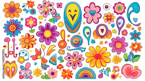 Groovy hippie 70s set Funny cartoon flower rainbow