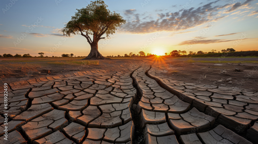 Dry Times: A powerful account of the drought. A tree struggles to survive. This image expresses the severity of the drought, the effects of climate change and the environmental problems. Generative AI
