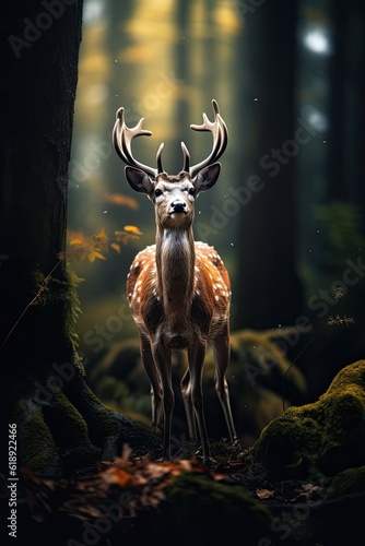Lonely Bambi dear in a dark ominous forest dynamic photography