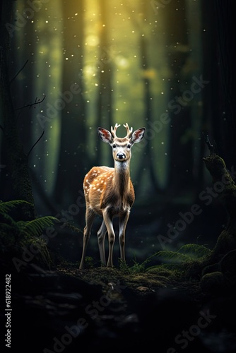 Lonely Bambi dear in a dark ominous forest dynamic photography © Stream Skins