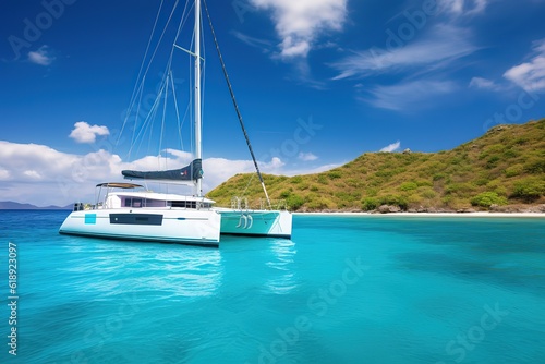 Valokuvatapetti White catamaran on azure water against blue sky, Caribbean Islands or Mediterranean Sea