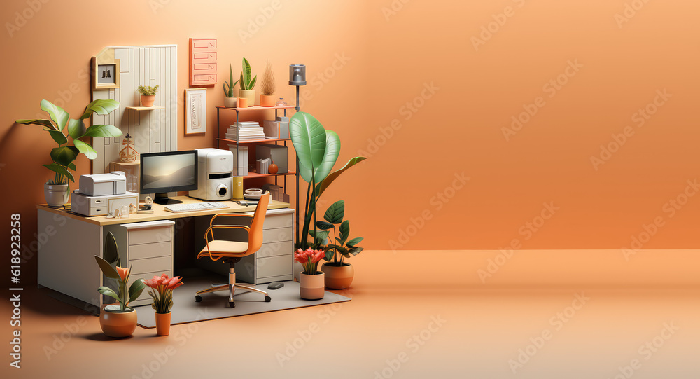 Very detailed isometric home office isolated on flat background with copy space, banner template. 3d Home office, cute room, desk, computer, chair, plants. Generative AI 3d illustration. Very detailed isometric home office isolated on flat background with copy space, banner template. 3d Home office, cute room, desk, computer, chair, plants. Generative AI 3d illustration.