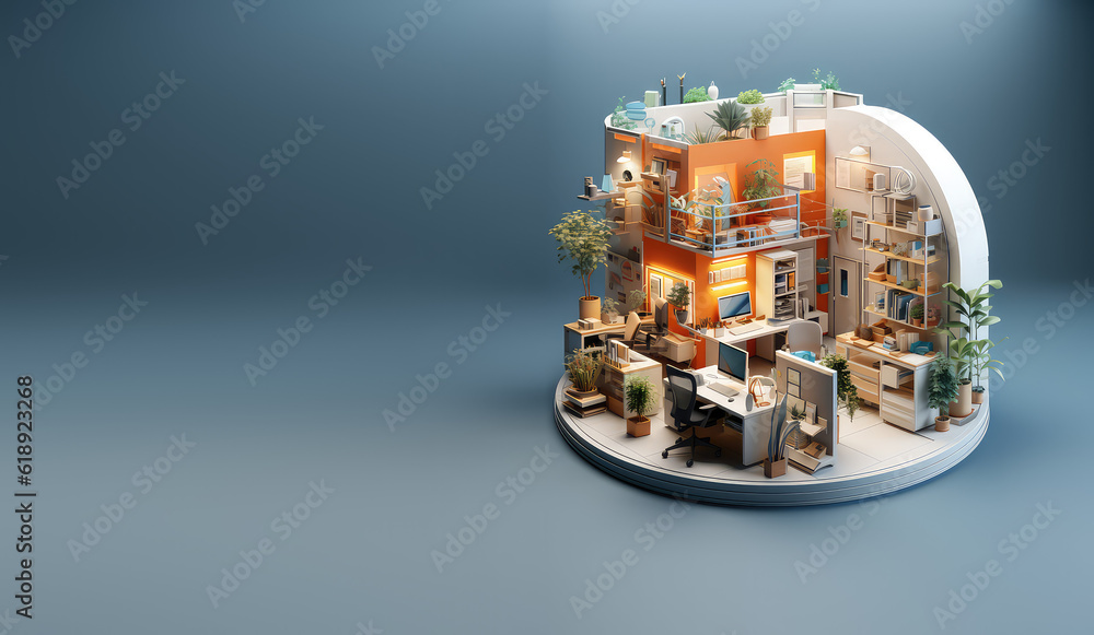 Very detailed isometric home office isolated on flat background with copy space, banner template. 3d Home office, cute room, desk, computer, chair, plants. Generative AI 3d illustration. Very detailed isometric home office isolated on flat background with copy space, banner template. 3d Home office, cute room, desk, computer, chair, plants. Generative AI 3d illustration.