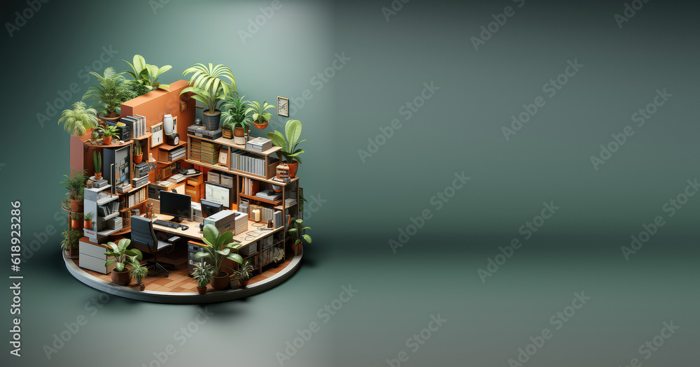 Obraz premium Very detailed isometric home office isolated on flat background with copy space, banner template. 3d Home office, cute room, desk, computer, chair, plants. Generative AI 3d illustration.