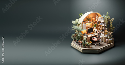 Very detailed isometric home office isolated on flat background with copy space, banner template. 3d Home office, cute room, desk, computer, chair, plants. Generative AI 3d  illustration.