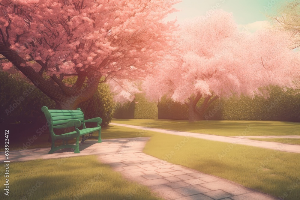 serene park bench surrounded by lush greenery