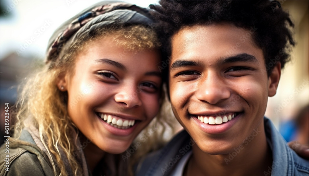 Young adults embrace in carefree happiness outdoors generated by AI Young adults embrace in carefree happiness outdoors generated by AI