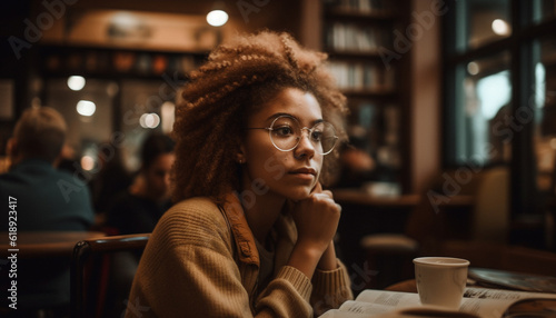 Young woman enjoying coffee and studying indoors generated by AI