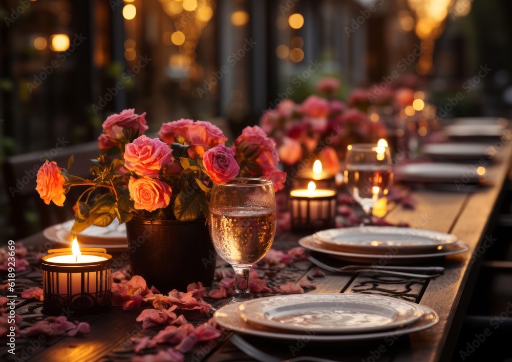 romantic table setting with candles, AI generative