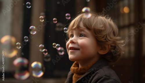 Smiling toddler blowing bubbles in nature beauty generated by AI