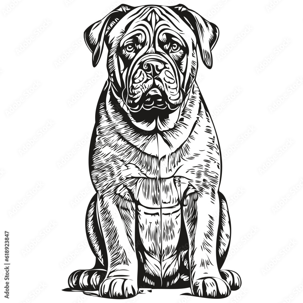 Neapolitan Mastiff dog realistic pencil drawing in vector, line art illustration of dog face black and white realistic breed pet