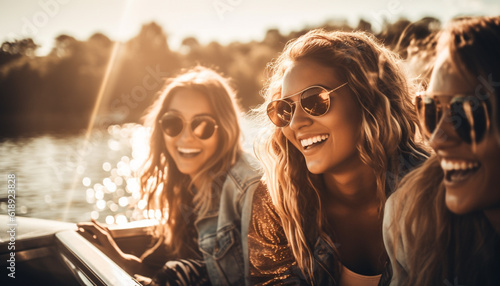 Young women on road trip, enjoying freedom generated by AI