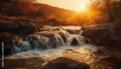Tranquil sunset over flowing mountain waterfall beauty generated by AI