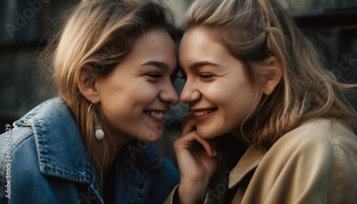 Smiling young women embracing, enjoying carefree summer days generated by AI