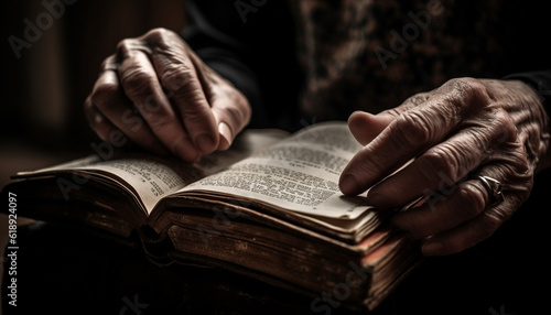 Hand holding Bible, studying religious text indoors generated by AI