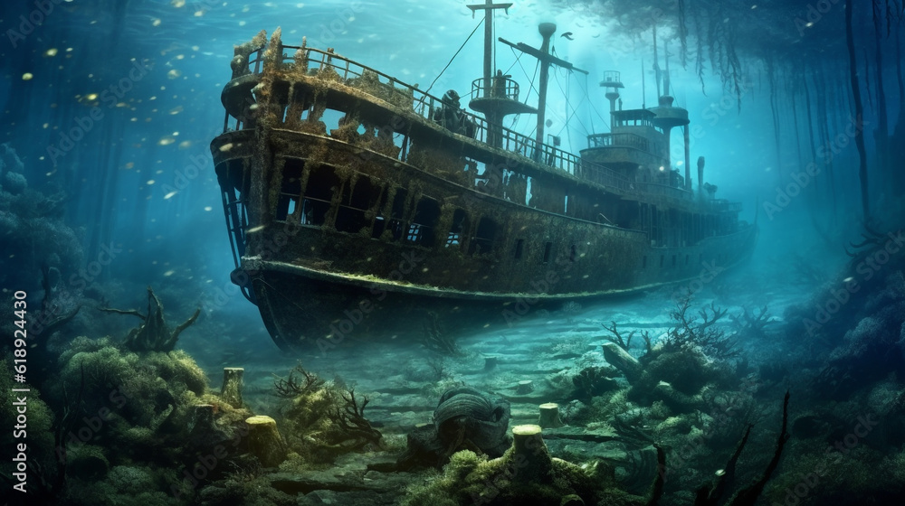 Sunken ship at the bottom of the ocean made with AI generative technology Sunken ship at the bottom of the ocean made with AI generative technology