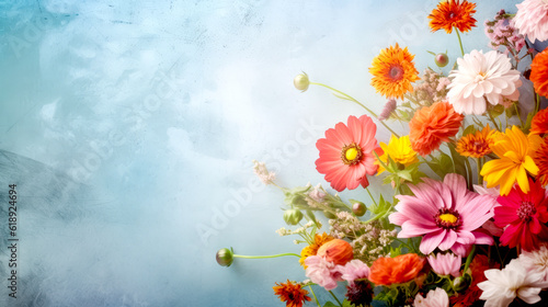Autumn flowers on light blue background with copy space. Blossom floral summer backdrop