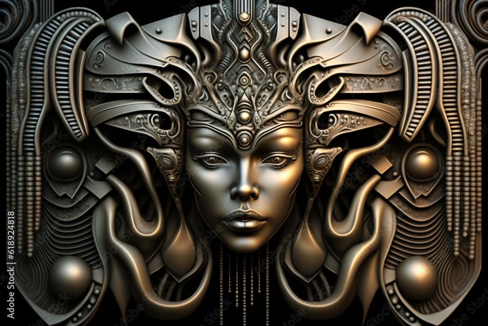metallic fantasy portrait, mayan relief ornament, symmetrical alien wall design, generative ai metallic fantasy portrait, mayan relief ornament, symmetrical alien wall design, generative ai