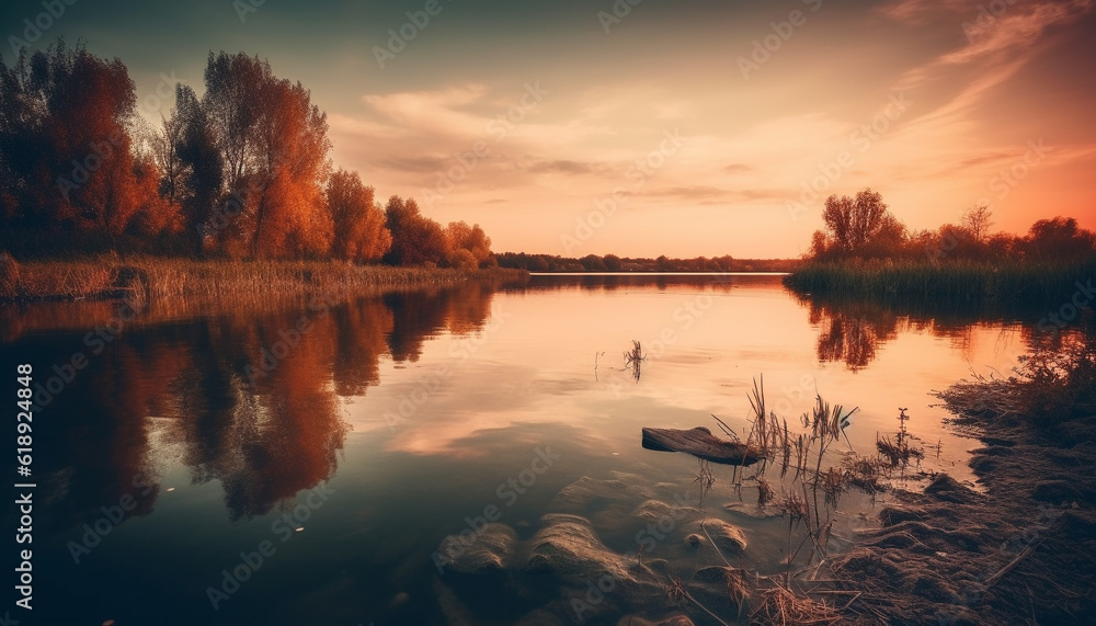 Tranquil scene of sunset over waters edge generated by AI