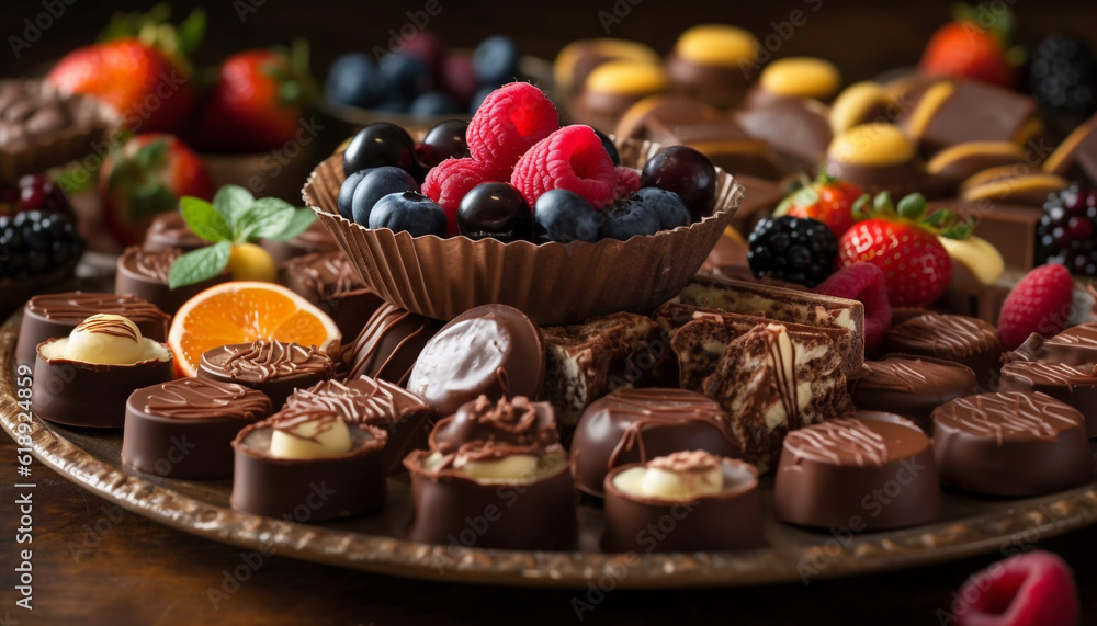 Indulgent chocolate truffles with fresh berry decoration generated by AI Indulgent chocolate truffles with fresh berry decoration generated by AI